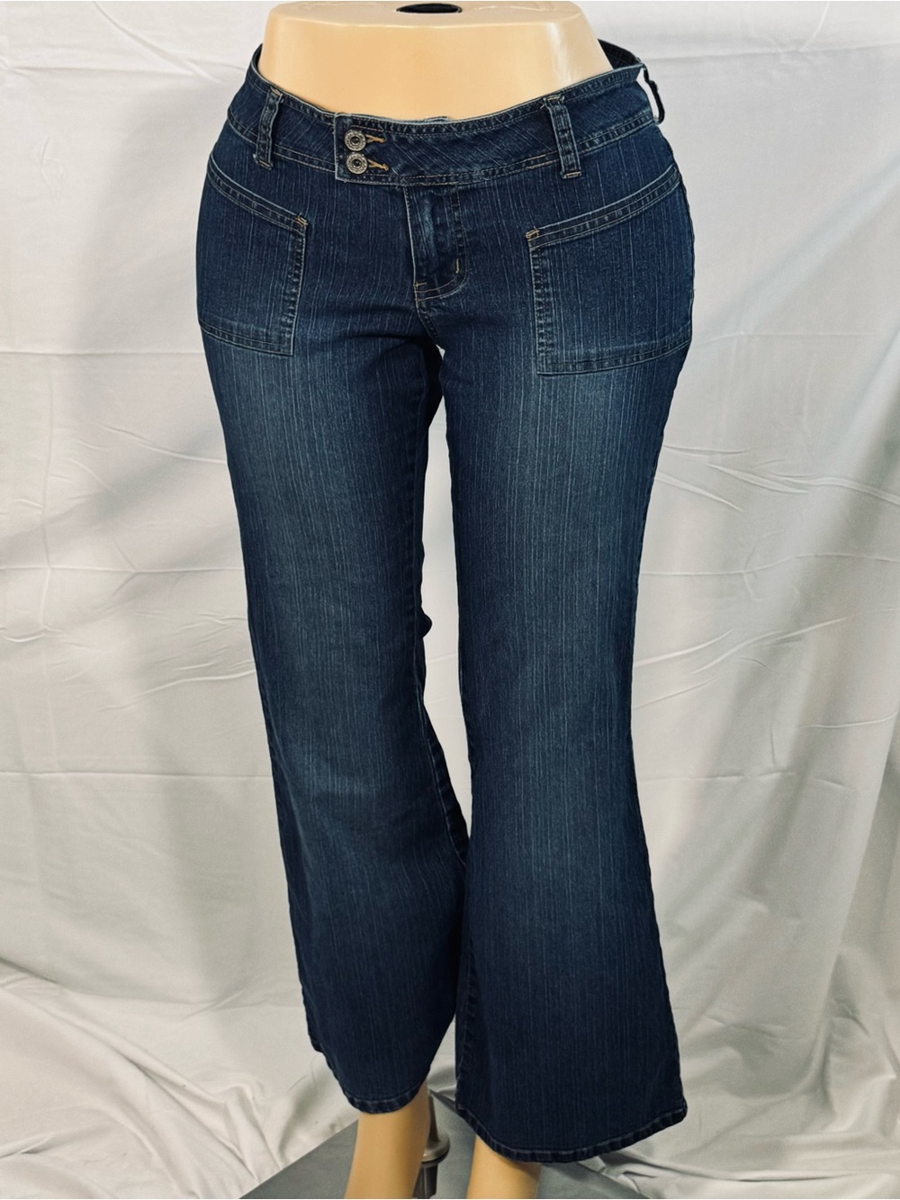Vintage Y2K Angels Low Rise Flare Jeans Size 13 Dark Wash Patch Pocket Stretch